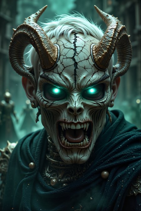 A hyper-realistic portrait, photorealistic photo close-up image of A close-up portrait of a male, with short, silver hair and pale, alabaster skin, belonging to a cursed race of undead knights. He appears to be in his late 30s, his eyes hollow and sunken beneath a cracked, horned mask. The mask is forged from ancient bone, with two large, twisted horns that jut out menacingly from either side, each one marked with the scars of countless battles. The surface of the mask is covered in deep cracks and chips, as if it has been worn through centuries of combat, and from within, faint whispers of the dead can be heard. His mouth is slightly open, revealing sharp, decayed teeth, and his eyes, visible through the maskâs hollow sockets, glow with a sickly green light. The background is a swirling fog of dark greens and grays, with ghostly figures emerging from the mist, creating a scene that is both eerie and unsettling. The combination of the horned mask and the ghostly background gives him the appearance of a haunted, undead warrior, cursed to wander the battlefield for all eternity. (photography, high-resolution, dynamic, energetic,hyper-realistic, dramatic lighting, shallow depth of field.), detailmaximizer, MythP0rt<lora:midjourney_whisper_flux_lora_v01:0.55><lora:aidmaMJ6.1-FLUX-V0.1:0.4><lora:FluxMythP0rtr4itStyle:0.4><lora:detailed_flux_ntc:2.2><lora:aidmaImageUpgrader-FLUX-V0.1:0.65>