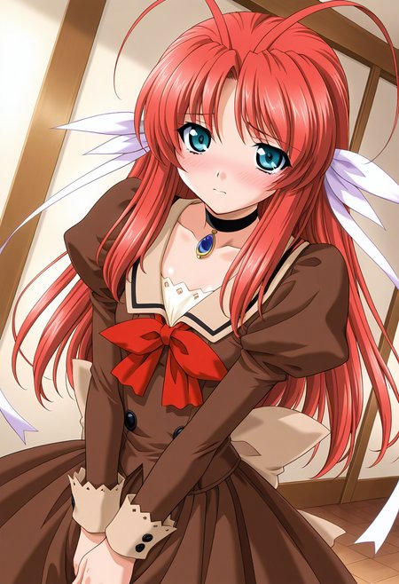 masterpiece,best quality,amazing quality, 1girl, c tear, long hair, red hair, antenna hair, aqua eyes, hair ribbon, brown dress, choker, blue brooch, red bowtie, juliet sleeves, long sleeves, beige bow, indoors, looking at viewer, shiny skin, blush, dutch angle,  <lora:Princess_Tear_ILLUS_c-000009:0.9>