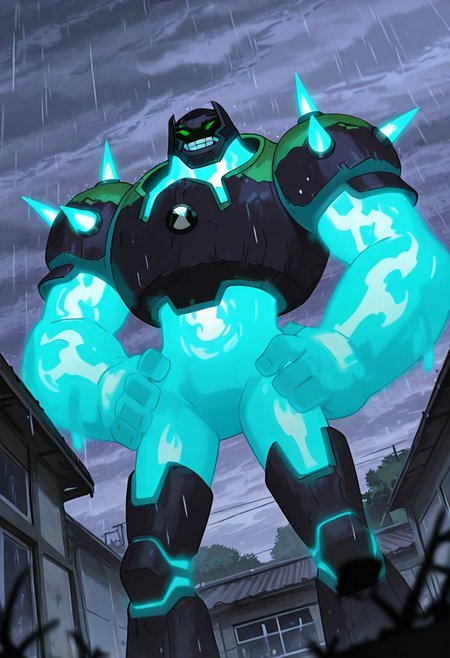 masterpiece, best quality, amazing quality, very aesthetic, absurdres, newest, , detailed background, 
 movie scene, cinematic scene, cinematic, foreground blur, depth of field, 
shckrck, glowing, shoulder spikes, green eyes, helmet, neon trim, blue fire, big arms, massive arms, blue arms, no humans, 
hand flames, hands on hips, from below, dutch angle, tilted angle, on building, night time, teeth, smile, heavy rain, gray sky,