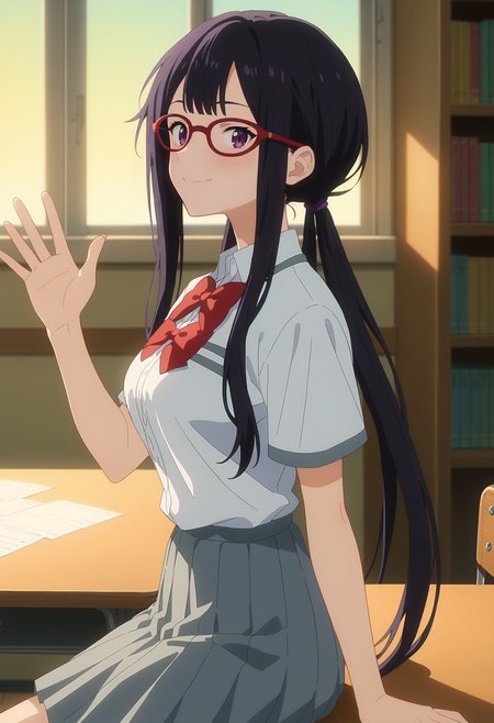 score_9, score_8_up, score_7_up, anime screencap, source_anime, 1girl, solo,
<lora:Koto_Tsukinoki_Makeine_V1:.85>, KJOkoto, black hair, purple eyes, long hair, low twintails, red glasses, 
school uniform, grey skirt, short sleeves, bowties,
sitting, on table. waving, from side, looking at viewer, smile, blush, 
library, sunset, indoors, window, 
(Beautiful, medium Breasts:1.2),