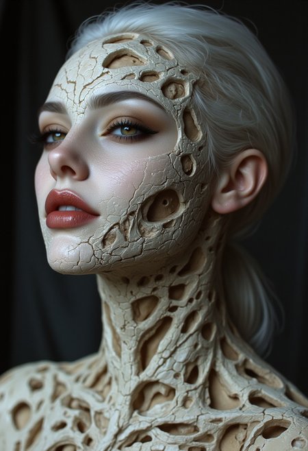 A highly detailed close-up portrait of a woman with porous, bone-like skin, covered in intricate, hollowed-out cavities resembling fossilized coral or aged ivory. The delicate lattice of carved openings extends from her forehead, across her cheeks, and down her elongated neck, with some areas appearing smoothly polished, while others have natural cracks and weathered textures. The openings vary in size and depth, creating a layered, organic structure. Her large, golden-amber eyes are framed by dark, smudged makeup, contrasting against her pale, porcelain-like complexion. Her full lips are painted a deep burnt red, standing out vividly against the neutral bone tones of her skin. Her platinum-white hair cascades around her face, with soft, fine strands resting against the rigid hollows of her cheekbones. Some strands are partially illuminated by soft, diffused lighting, creating subtle highlights that emphasize the contrast between her organic, flowing hair and structured, sculpted facial features. The lighting is soft and directional, casting shadows that settle into the carved recesses of her skin, accentuating the depth of the hollowed-out forms. The background is black and gray and softly blurred, composed of dark, desaturated tones, ensuring that all focus remains on the intricate details of her face and skin texture. The composition is tight and hyper-detailed.