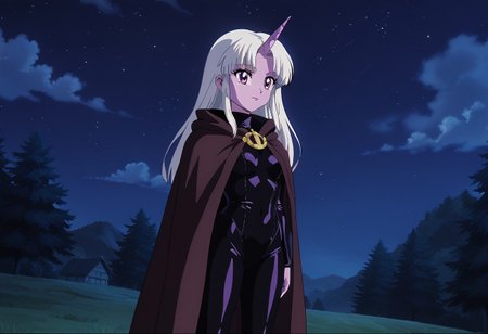 score_9, score_8_up, score_7_up, anime screencap, BREAK, Twilight Sparkle, a purple unicorn with purple eyes and white mane and tail,  source_feral, cloak, outdoors, night sky, night, black leotard, source_anime, retro anime style <lora:AnimeScreencap_pXl:1>