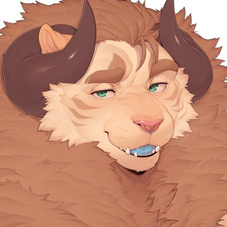 masterpiece, best quality, amazing quality, solo,
Anthro,Ursso,bara,tan fur,brown mane,stripes,horns,fangs out,blue glands,fluffy,green eyes, looking at viewer, 
White background, face focus, close-up,