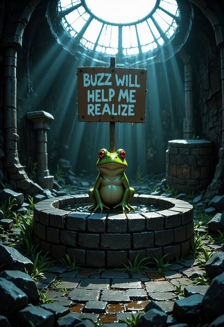 A well, Big well, there is a frog inside that well, that well has no water in it, the frog carry a sign that says: "Buzz will help me realize", An1meL1nes,
sun ray lit up the sign and the frog inside the well,
(Smooth Quality - Illustrious:0.7), HDR,masterpiece, absurdres, highres, very aesthetic, fit body, godrays, ambient occlusion, soft lighting, highest quality, (volumetric lighiting:1.1), realistic skin, low lighting, trending on artstation, gothic,
score_9, score_8_up, score_7_up, score_6_up, source_anime, masterpiece, best quality, skindentation, anime artwork, intricately detailed photorealism, very detailed, highly detailed texture, cinematic illumination, volumetric lighting, detailed face, detailed skin, detailed eyes, rating_explicit, concept art, absurdres, highres, hd, ultra hd quality details, Expressiveh, solo focus