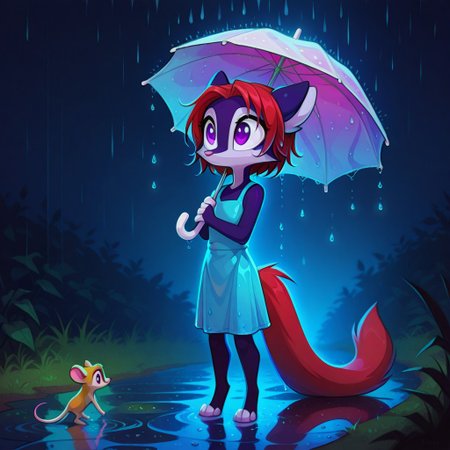 Dreamkeepers,Indi_and_Digo,1girl,solo,furry,tail,source_furry,,red hair,purple fur, purple eyes,
child, kid, masterpiece, best quality, 
female hand holding a small umbrella, miniature wet tiny mouse standing on the path, rain, drops, funny, intricate details, hyper-realistic, hyper-detailed, professional photoshoot, colorful, ultra-sharp, vivid color, chiaroscuro lighting, macro