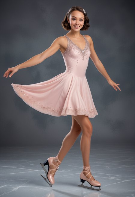 (medium full shot) of (athletic ice skater) young woman, russian, tan skin, dark Blue eyes, tiny build, extra long hazel inverted bob hair, wearing a light pink designer skating gown with chic patterns , velvet skates with pointed toe, eyeliner, crystal brooch,  set in  , woman smiling, Masterpiece,best quality, photo, realistic, very aesthetic, detailed face,