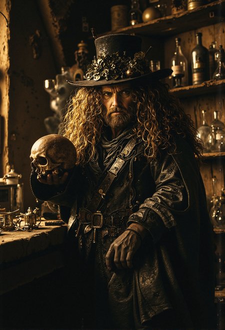 A side view of a mad alchemist with wild goggles and a manic grin etched onto his face, holding a human skull dramatically before him as if in a moment of revelation. The scene is illuminated by striking, cinematic lighting, casting deep shadows that highlight his chaotic energy. The background reveals a dimly lit wooden alchemistâs workshop, cluttered with shelves of glass vials, glowing liquids, and mysterious apparatuses. The atmosphere is dark and foreboding, with a touch of epic glorification, as though capturing the apex of his mad genius. backlit. <lora:FluxProtectorsOfNature.safetensors:0.8>,  <lora:Elden_Ring_-_Yoshitaka_Amano.safetensors:1.0>,  <lora:Movie_Portrait.safetensors:0.8>,  <lora:- Flux1 - soothing_atmo_V2.0.safetensors:0.4>,  <lora:lith_mimosa_kiel_grw134_FLUX.safetensors:0.7>,