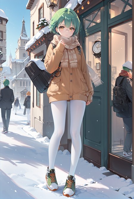 score_9, score_8_up, score_7_up,full body, 
European architecture, street,  clock tower, 
 admiral nakhimov (azur lane), 1girl, green hair,yellow eyes, short hair, 
sweater,snow,scarf,semi-rimless eyewear, sneakers, white pantyhose,<lora:NakhimovXLPony:0.9>