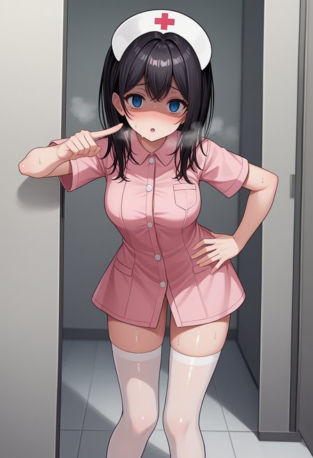 score_9, score_8_up, score_7_up, source_anime,
BREAK
1girl, solo, 
<lora:shiYumenaIshikawaV1:1>, shinishikawa, 
long hair, hair between eyes, blue eyes, empty eyes, 
pink shirt, black hair, white headwear, 
nurse cap, nurse, short sleeves, pink dress, thighs, legs, standing, white thighhighs, 
medium breasts, shiny skin, 
looking at viewer, parted lips, blush, aroused, sweat, 
leaning forward, pointing at viewer, hand on own hip, shaded face, open mouth, heavy breathing,