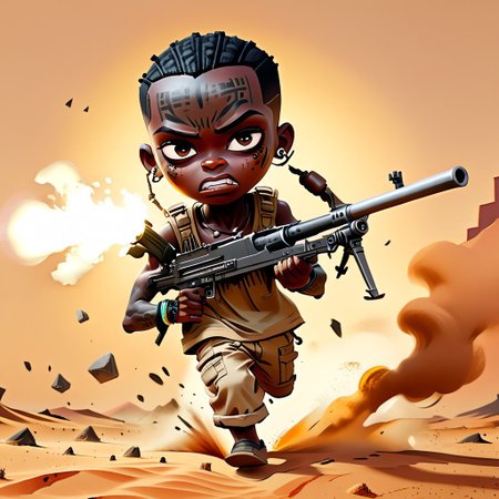chibi,(black skin,) sand-colored torn T-shirt, (machine gun), 
shamanic tattoos on the body, 
action pose, run,
angry,
desert, sand, day, ruin, african hit, 
BREN Mk1 Light Machine Gun,
(hands on machine gun),
African chibi man run with machine gun, (((black skin))), African,  ((( anarexic body))),  pear-shaped face, short neck, long arms, broad shoulders, Fleshy nose,  Low Forehead,  Bold Tapered black Eyebrows, African shamanic tattoos,
 (graphic novel style, dark novel style),(anime),(masterpiece:1.4), (colourful, soft cinematic light:1.1), incredibly lifelike, Extremely high-resolution details, 8k, best quality, extremely detailed, contrast,