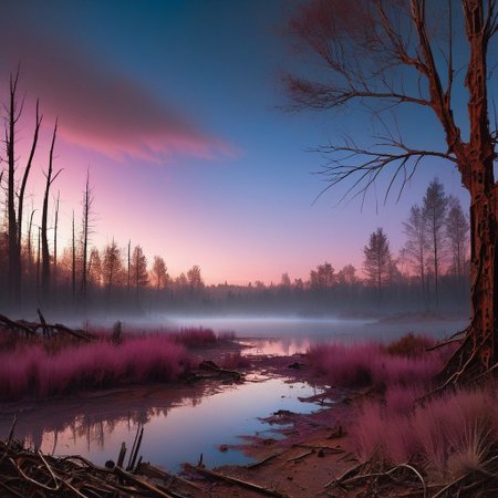 Generate a serene twilight scene featuring a pink lake surrounded by trees and vegetation. The time of day is the twilight hour, with the sky displaying a soft gradient of blues and purples. The trees and vegetation should have a unique appearance, resembling old, rusted metal, similar to the grass in the provided image. The overall mood should be quiet and contemplative, capturing the essence of nature's quiet art.
Rusted, rusted landscape, DonM0ccul7Ru57XL