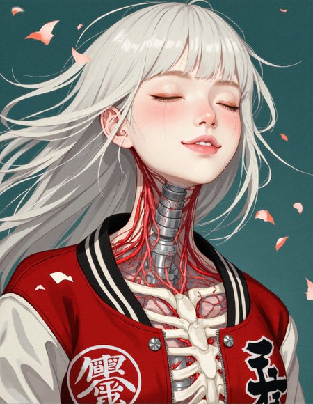 A surreal and intricately detailed anime-style illustration of a beautiful young woman with silver-white flowing hair, her head slightly tilted back as she smiles blissfully with her eyes closed, exuding a dreamlike serenity. Her delicate skin appears cracked, revealing an underlying biomechanical structure intertwined with organic tissues—her exposed neck and chest reveal a striking fusion of human anatomy and cybernetic elements, where pale, intricate bones are interwoven with vibrant red veins and sinewy tendrils, contrasted against patches of exposed metallic structures. Tiny shattered fragments of porcelain-like skin float around her, giving an impression of fragility and transformation. She wears a bold red and black varsity jacket, with intricate Japanese kanji symbols embroidered across its surface, the fabric carefully detailed with subtle folds and realistic textures. The background is a deep teal, providing a stark contrast to her pale complexion and the vibrant crimson hues of her internal structures. The entire composition is an exquisite balance between macabre beauty and futuristic cyber-organic surrealism, rendered in a hyper-detailed anime-inspired style with breathtaking precision and a painterly finish.
 <lora:FluxDFaeTasticDetails:0.3> <lora:Dreamy_Korean_Style_Illustration_FLUX_LoRA:0.5> <lora:realism_lora_comfy_flux_converted:0.5>