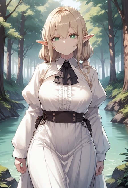 score_9, score_8_up, score_7_up, 1girl, solo, DeadflowP, scenery, (big breasts:0.8). (wide thighs:1.1), (wide hips:1.1), (mature woman:1.1), (high definition eyes:1.2), masterpiece, best quality, intricate details, gorgeous blonde elf woman, (green eyes), perfect anatomy, perfect face:1.1), white one-piece uniform, sharp focus, looking at viewer, ultra-high definition, extremely detailed illustration, smooth, detailed background, forest, seductive, venusbody