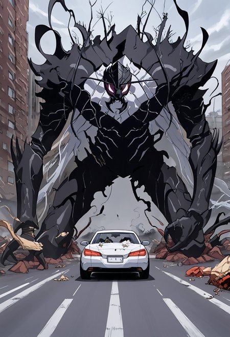 Ant King Beru , humanoid, destroying a car