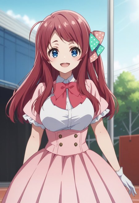 score_9, score_8_up, score_7_up, source_anime, highly detailed, 
sakuraminamoto, 1girl, solo, gloves, skirt, blue eyes, white gloves, bow, red hair, long hair,
upper body, short sleeves, polka dot, pink bow, pink skirt, pleated skirt,
hair bow, bowtie shirt, standing, open mouth, pink bowtie, 
looking at viewer, skirt, ahoge, polka dot bow, smile,
outdoor, stage,