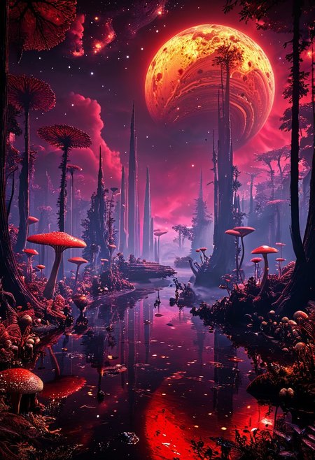 A photorealistic image of a majestic alien planet, 
intricate details, dramatic composition, contrast, texture, realism, high quality, stunning art, film grain, volumetric lighting, detailed, 
alienworld,
background is alien forest, alien trees, alien mushrooms,