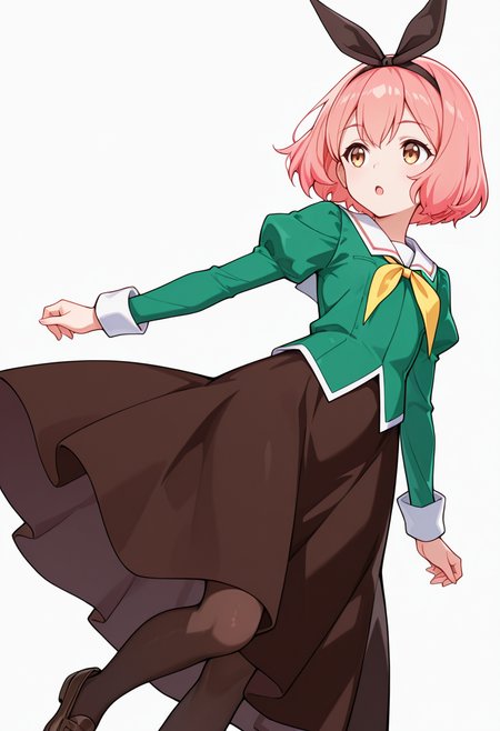 masterpiece,high quality details,absurdres, 
 <lora:Koshiba_Mai:0.8>
mar_cnr, 1girl, pink hair, short hair, bangs, brown eyes,black hairband,
mar_s1,green shirt, white sailor collar, serafuku,long skirt,black-brown skirt, juliet sleeves,pantyhose, loafers,, simple background, white background, dynamic angle,solo,, :o,