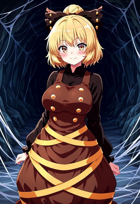 fusu style, ((cave background)), (1girl), ((solo)), ((tall)). (standing), (posing), (looking at viewer), cute smile, (blush), ((kurodani yamame)), ((large breasts)), blonde hair, hair bow, short hair, hair bun, yellow eyes, brown eyes, bow, dress, long sleeves, brown dress, black bow, shirt, black shirt, silk, spider web