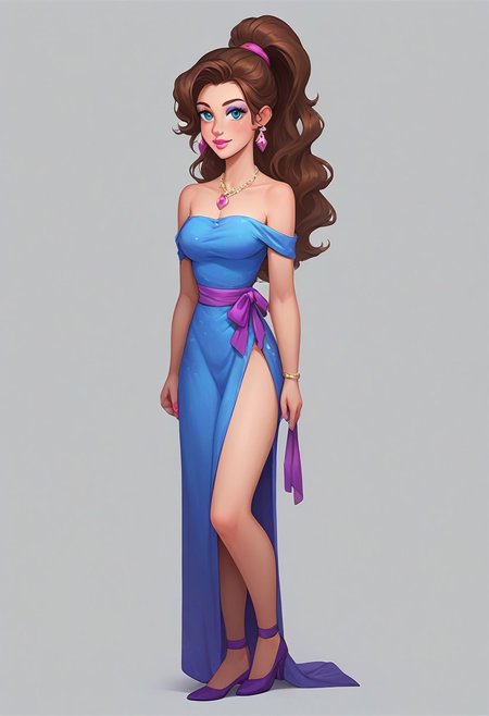 score_9, score_8_up, score_7_up, Casgas BREAK, 1girl, woman, young, solo, graceful, medium breasts, slim waist, brown hair, long hair, makeup, blue eyes, blue eyeshadow, large curl on the right side of the face, high ponytail, blue off-the-shoulder evening dress, buttons on the dress, satin wide ribbon at the waist and shoulders, cutout in front of the dress, visible knees, V-neck dress in front, bandeau dress, long dress, necklace with pink gems, earrings with pink precious stones, pink manicure, pink lipstick, purple shoes with an ankle clasp BREAK left hand behind her back, right hand elegantly lowered down, the right leg is slightly bent at the knee and overlaps the left leg, standing, full body shot, full body, looking at viewer, BREAK simple background, gray background