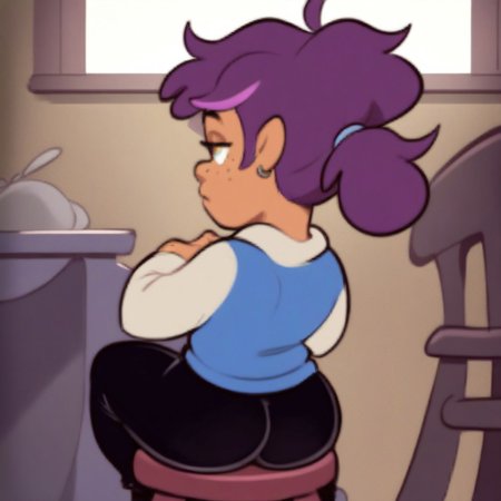 score_9, score_8_up, score_7_up, 1girl, solo, Ayzee, light skin tone, freckles, yellow eyes, dyed-purple hair, black pants, blue-striped shirt, sports jacked, red high tops, looking away, indoors, fully clothed, back turned, indoors, sitting on stool, showing butt, fat ass,