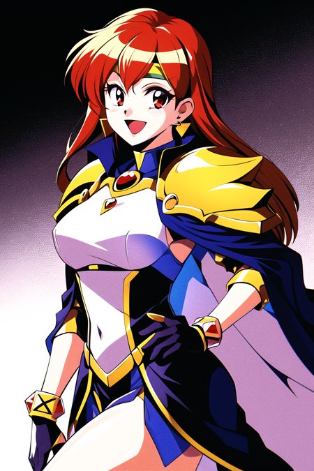 1990s \(style\),

1girl, :d, armor, bangs, breasts, cape, cape lift, earrings, gloves, hand on hip, headband, jewelry, long hair, looking at viewer, open mouth, orange hair, red eyes, retro artstyle, shoulder armor, smile, solo

<lora:1990s:0.7>