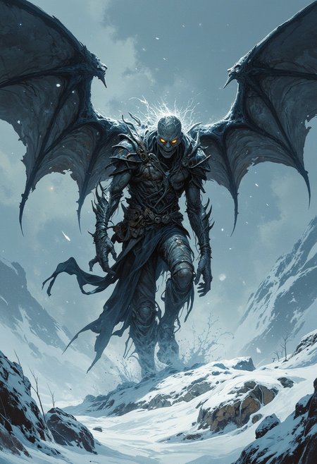 score_9, score_8_up, score_7_up, boris vallejo style, frank frazetta style, 8k high quality digital painting, masterpiece, very detailed, ultra realistic, (best quality) very detailed epic masterpiece, detailed face, a Frankenstein-like zombie monster with big leather wings, stands in a heavy snowstorm and looks over, slightly hunched posture, glowing eyes, very menacing, ragged outfit, difficult to see through the heavy snowstorm, wind blows across the terrain, snow spreads across the ground in large plumes swept, blizzard, scary, frightening, full body, realistic, realism,