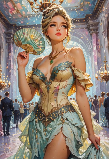 masterpiece, best quality, impressionism, painting, brushstrokes, 1woman, long hair, dirty blonde, updo, hazel eyes, medium breasts, , pale yellow gown, embroidered gown, off shoulder, ((detailed eyes)), emerald necklace, demure, elegant, society, opera hall, variant light, holding, fan, holding fan, seated, interested, engaged, crowded opera house, ornate chandelier, dynamic angle, dynamic pose, abstract