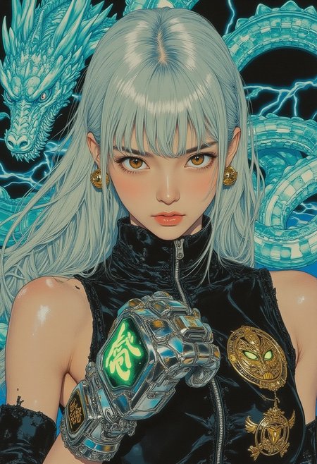 pingtu style, illustration-fen, This is a highly detailed digital illustration in a stylized anime art style featuring a young woman with long, sleek silver hair and sharp bangs, her intense amber eyes glowing with unwavering focus. She wears a black and gold sports jacket adorned with futuristic emblems and glowing circuitry patterns, slightly distressed with scuffs and frayed edges, enhancing its cyberpunk aesthetic. The sleeveless design reveals her toned arms, encased in large, high-tech emerald-green and silver boxing gloves embedded with neon-lit symbols and glowing Japanese characters on the wristbands. Her iridescent skin catches the light, hinting at a futuristic enhancement, while metallic, luminescent stud earrings pulse softly, adding a subtle technological edge. Behind her, an electric blue translucent dragon looms, its face in sharp focus with piercing eyes radiating ethereal energy. Its semi-transparent form crackles with light, its serpentine body captured mid-motion as if coiling around her. Encasing the entire frame is a pulsating emerald-green aura, intensifying the fusion of high-tech and mythical elements. The intricate textures and vibrant neon hues make the scene feel alive, exuding raw power and electrifying anticipation, as if she stands on the edge of unleashing an unstoppable force.