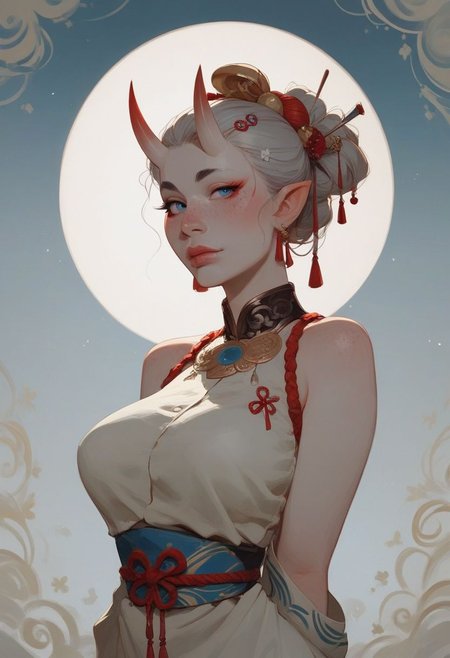 score_9, score_8_up, score_7_up, score_6_up, score_5_up, score_4_up, sexy girl , 20 years old, oni mask ,  large breasts, chineese costume , freckles, pale skin, blue eyes, silver neclace , side portrait , ancient , hair pins , half body portraits , narrow hips