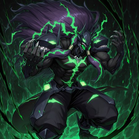 Solo, 2d, 1boy, Susanoo, humanoid, monster, monster boy, male, muscular, muscular male, abs, long hair, sharp teeth, glowing green eyes, no pupils, claws, glowing green highlights, horns, black body, glowing green markings, tail, luminescence 

black armor, big pauldrons, black baggy pants, hairclips, green crystals on hips, 

BREAK crouching, looking at viewer, open mouth smile, tongue out, black tongue, 

BREAK best quality, amazing quality, very aesthetic, absurdres, newest, masterpiece, green abstract background 
