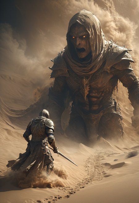 very dark focused flash photo, amazing quality, masterpiece, best quality, hyper detailed, ultra detailed, UHD, perfect anatomy, portrait, dof, hyper-realism, majestic, awesome, inspiring,Capture the thrilling showdown between the ancient mummy and the colossal sand boss in an epic battle amidst swirling dust and desert sands. Embrace the action and chaos as these formidable forces clash in the heart of the dunes. cinematic composition, soft shadows, national geographic style