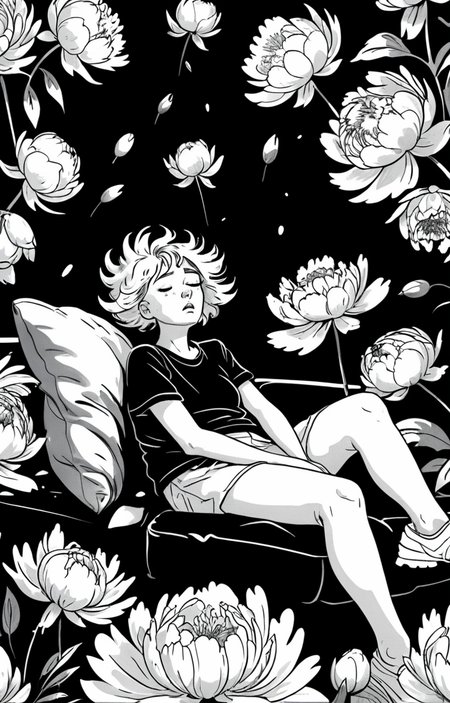 masterpiece,best quality,<lora:tbh373-sdxl:0.6>,illustration,style of exhausted people ,greyscale and white,comic decaying peonies
