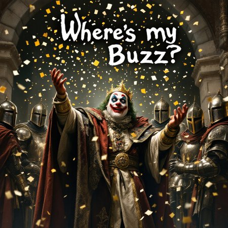 a medieval joker throwing confetti into the air where it forms the phrase "Where's my Buzz?". He is in a castle in front of the fat king with knights in armor around him.