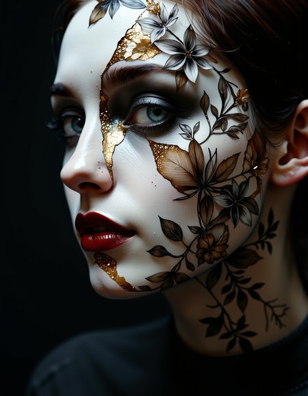 A highly detailed cinematic photography.
An intense, close-up portrait of a woman's face, rendered as if her skin is made of fractured porcelain, meticulously adorned with symmetrical, surreal floral tattoos that blend organic and geometric forms, creating a dreamlike and hyperrealistic aesthetic. Her striking blue eyes, framed by meticulously drawn eyebrows, pierce through the fractured surface and the intricate, floral tattoo design, holding a captivating mix of vulnerability and resilience, reflecting the strange beauty of the surreal world. Her full, slightly parted lips, painted a deep, glossy red, add a touch of warmth and humanity to the fragmented, floral visage.

The surreal floral tattoos themselves are the focal point, composed of stylized flowers, fragmented petals, and geometric patterns that morph and intertwine, creating a mesmerizing and otherworldly visual tapestry across her face. They are rendered in a stark palette of black and gold, with the gold accents highlighting the intricate details and surreal nature of the floral designs. Delicate, hyperrealistic flowers, such as orchids and lilies, emerge from the cracks in her porcelain skin, adding a touch of fragile beauty and organic contrast to the geometric patterns. The overall effect is both hauntingly beautiful and deeply unsettling, a testament to the artist's ability to evoke complex emotions through the juxtaposition of fragility, intricate floral designs, surrealism, hyperrealism, black and gold accents, and the human form. The subtle lighting casts soft shadows and highlights that enhance the texture and depth of the fractured porcelain and the surreal floral tattoos, while the dark background allows the viewer's focus to remain solely on the woman's captivating, surreally adorned face.

