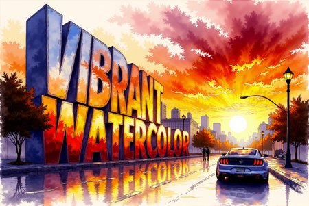 Alcohol ink art <lora:Vibrant_watercolor_v.21:0.99> A digital watercolor illustration featuring an urban scene. (The clearly visible towering reflective text  ("VIBRANT WATERCOLOR") are rendered with intricate, detailed reflections that catch the orange and red hues of the fiery sunset, each panel edge emphasizing the surreal quality of the installation). The sky is filled with intricate dramatic clouds swirling in vivid shades of gold and crimson, amplifying the intensity of the sunset. The street is depicted with sharp, angular shadows stretching across the pavement, while the sportcar and lonely sophisticated pedestrians are outlined with defined lines.. Fluid and vibrant colors, unpredictable patterns, organic textures, translucent layers, abstract compositions, ethereal and dreamy effects, free-flowing movement, expressive brushstrokes, contemporary aesthetic, wet textured paper.