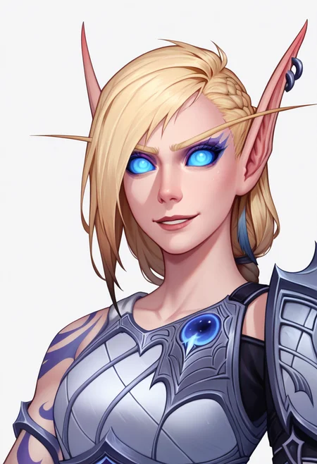 score_9, score_8_up, score_7_up, BREAK,
1girl, alleria, blonde hair, braid, long hair, blue eyes, blue sclera, earrings, elf, no pupils, pointy ears,
arm tattoo, armor, single pauldron,
upper body, evil smile, looking at viewer, solo, simple background, white background   <lora:AlleriaXL_byKonan-000012:1>