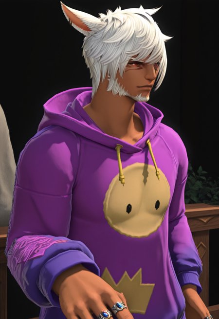 masterpiece, very aesthetic, absurdres, 3KK4T14, G3NTL3B34N, animal ears, 1boy, solo, miqo'te, male focus, facial hair, dark skin, cat ears, dark-skinned male, jewelry, red eyes, ring, white hair, beard, short hair, upper body, hood, purple hoodie, long sleeves, hood down,