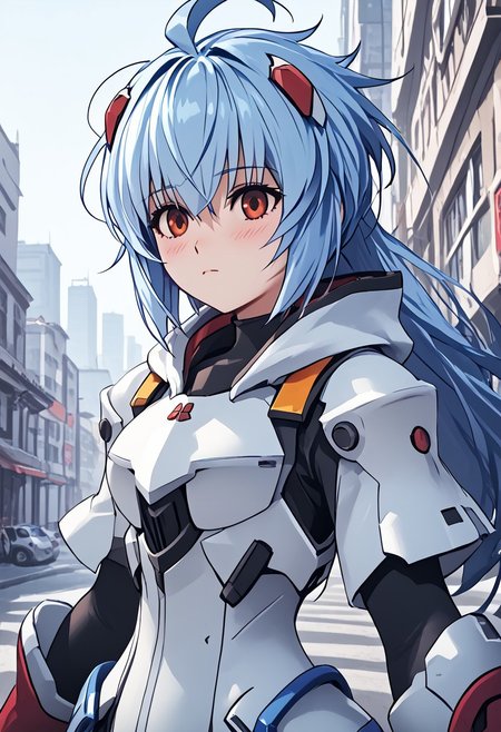 score_4,score_5,score_6,score_7_up,score_8_up,score_9 ((masterpiece,best quality,ultra detailed,highres,HD,4k:1.2)), 
Azure Striker Gunvolt(Main)
1girl, solo,solo forcus,girl forcus,((upper body)),((eye highlight)),
 ayanami_rei,rei ayanami, blue hair, ((long hair, Messy Hair:1.2)), hood, Hood down,armor,gloves,red boots, black pants, outdoor, standing,city,science fiction, blush,