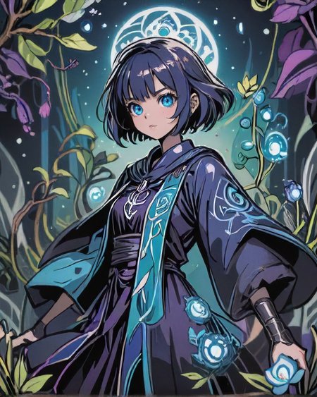 comic style, Confident 1girl, natural colored eyes, Layered bob with choppy bangs hairstyle, dynamic pose, determined expression, <lora:EnvyDramaticPortraitXL02:0.7> , BREAK Style-GravityMagic, solo,  half shot,  detailed background, detailed face, (occult, dark cultist theme:1.1), biomancer, joyful, floral embroidered blue druid  robes,  floral accessories,    glowing botanical symbols, gracefully manipulating plants, casting spell, floating leaves, floral  ritual, , springtime revival, , verdant nature,   magical floral storm, sunset, ethereal magical atmosphere,
