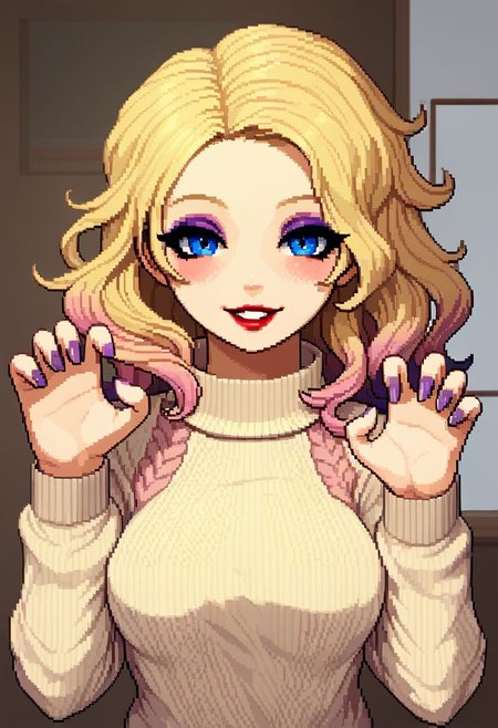 Pixel_Art,
1girl, solo, portrait, smile, makeup, lips, lipstick, teeth, blush, breasts, blonde hair, multicolored hair, gradient hair, short hair, blue eyes, wavy hair, side braid, parted lips, red lips, medium breasts, yellow sweater, pink sweater, nail polish, looking at viewer, fingernails, striped, multicolored nails, hands up, striped sweater, sweater, multicolored clothes, claw pose, purple eyeshadow, eyeshadow, eyelashes, indoors