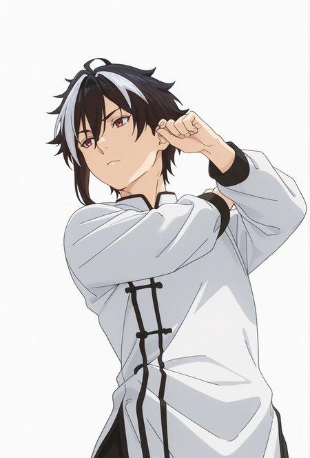 Smooth Quality,masterpiece,very intricate, high quality details, ultra realistic, high detailed skin,detailed enviorement,absurdres,
simple background, white background,solo,
from below,dancing, 
thinking,
 <lora:FoodWCNN:0.8> foodwarstylecnn,
 terunoricnn, 1boy, multicolored hair, red eyes, chinese clothes, white shirt