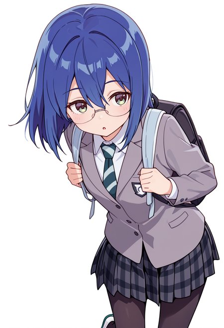 masterpiece,high quality details,absurdres, 
<lora:Mamiya_Kanoko:0.8> 
kanoko_cnr, 1girl, blue hair,medium hair,hair between eyes,
kanoko_s2,collared shirt, grey jacket, striped necktie,plaid skirt, pleated skirt,black pantyhose,glasses, backpack, uwabaki,, simple background, white background, front view,solo,, :o,