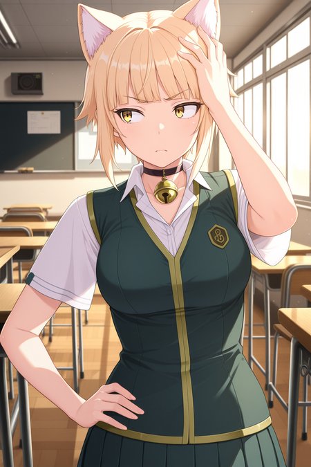 1girl, KuraishiTanpopoWitchCraftWorks, 
general, solo, pov dating, straight-on, upper body,
animal_ears, yellow eyes, short hair, blonde hair, breast,
choker, neck bell, collared shirt, open collar, green vest, pleated skirt,
looking away, \:\<, hand on own head, hand on own hip,
classroom,
<lora:kp_KuraishiTanpopoWitchCraftWorksIllustrious_v1_0:1.0>,
masterpiece, best quality, amazing quality