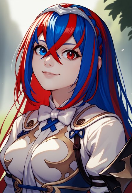 score_9, score_8_up, score_8_up, source_anime BREAK 1girl, solo, <lora:alear-fe-richy-v1_pdxl:1> aleardef, heterochromia, blue eyes, red eyes, multicolored hair, red hair, blue hair, braid, crossed bangs, very long hair, tiara, bowtie, armor, suspenders, breasts, smile, outdoors, fantasy, looking at viewer, realistic, close-up