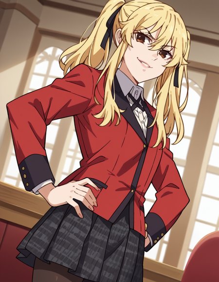 score_9, score_8_up, score_7_up, source_anime, <lora:mary-saotome-s2-ponyxl-lora-nochekaiser:1>, mary saotome, long hair, blonde hair, hair between eyes, twintails, brown eyes, hair ribbon,, skirt, shirt, school uniform, jacket, white shirt, pantyhose, pleated skirt, collared shirt, black pantyhose, blazer, red jacket,, indoors, smug, smile, looking at viewer, solo, hands on hips,, cowboy shot, dutch angle