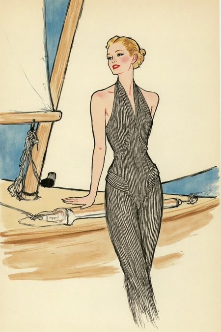 regr1 sketch.
A woman in a chic one-piece bathing suit onboard of a sailing boat.
She is standing with her hand resting on the gunnel of the boat. The bathing suit is elegant, featuring a classic design with subtle accents such as a halter neckline or nautical stripes that evoke the maritime theme. 
 <lora:regr2_fashion_nocap_d6a3:1.0><lora:807659477785410209:0>