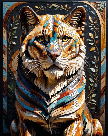score_9, score_8_up, score_7_up, intricate details, rating_safe,
 <lora:MosaicStyle:1>,
1boy(Mosaic, made from colored stone pieces, 
feral furry, sabretooth cat, 
full body, looking at the viewer, solo, smiling), black background, 
<lora:ral-chrosc-clr:0.3>, ral-chrosc-clr,
<lora:xl_more_art-full_v1:0.3>,
<lora:add-detail-xl:0.3>