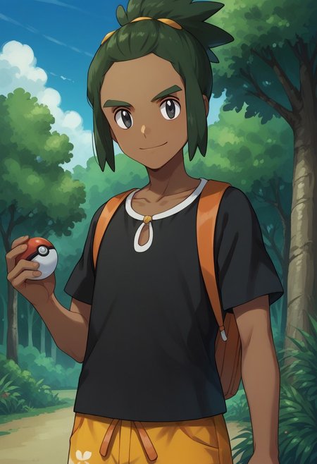 score_9, score_8_up, score_7_up, source_anime, highly detailed, 
haupk, 1boy, male focus, dark-skinned male, solo, holding poke ball, dark skin, poke ball, green hair, shirt,
smile, shorts, holding, poke ball (basic), orange shorts, short ponytail, black shirt, backpack, bag,
black eyes, closed mouth, short hair, floral print, short sleeves, hand up, collarbone,
looking at viewer, standing, upper body,
outdoor, sky, tree, clouds