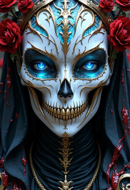 Symmetry ghost, white, gold trim, hint of blood red, meta, Fallen, skeletal mask, glowing earth like blue marble in eye sockets