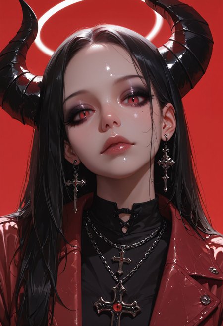 masterpiece, best quality,  very aesthetic, absurdres, newest, depth of field,realistic, goth girl  <lora:gothic_niji_style_ilxl_goofy:0.8>
1girl, red background, halo, demon horns, head tilt, lips, jewelry, earrings, cross necklace, red jacket, upper body, looking at viewer, makeup, nose, simple background, forehead